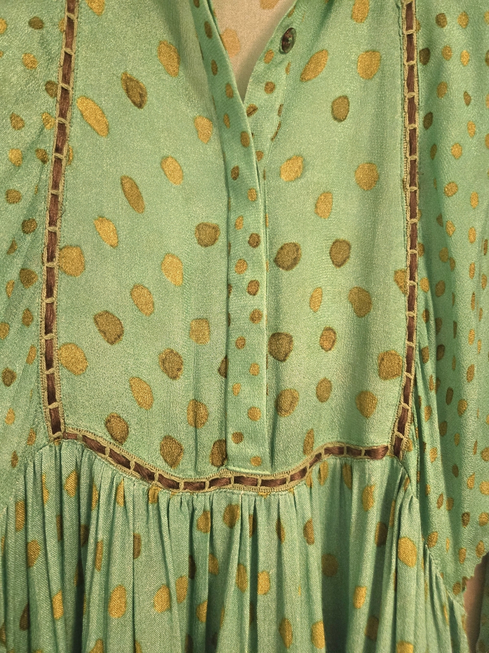 Anthropologie Bl^nk London Green With Gold Polka Dot Boho Dress - Picture 6 of 11